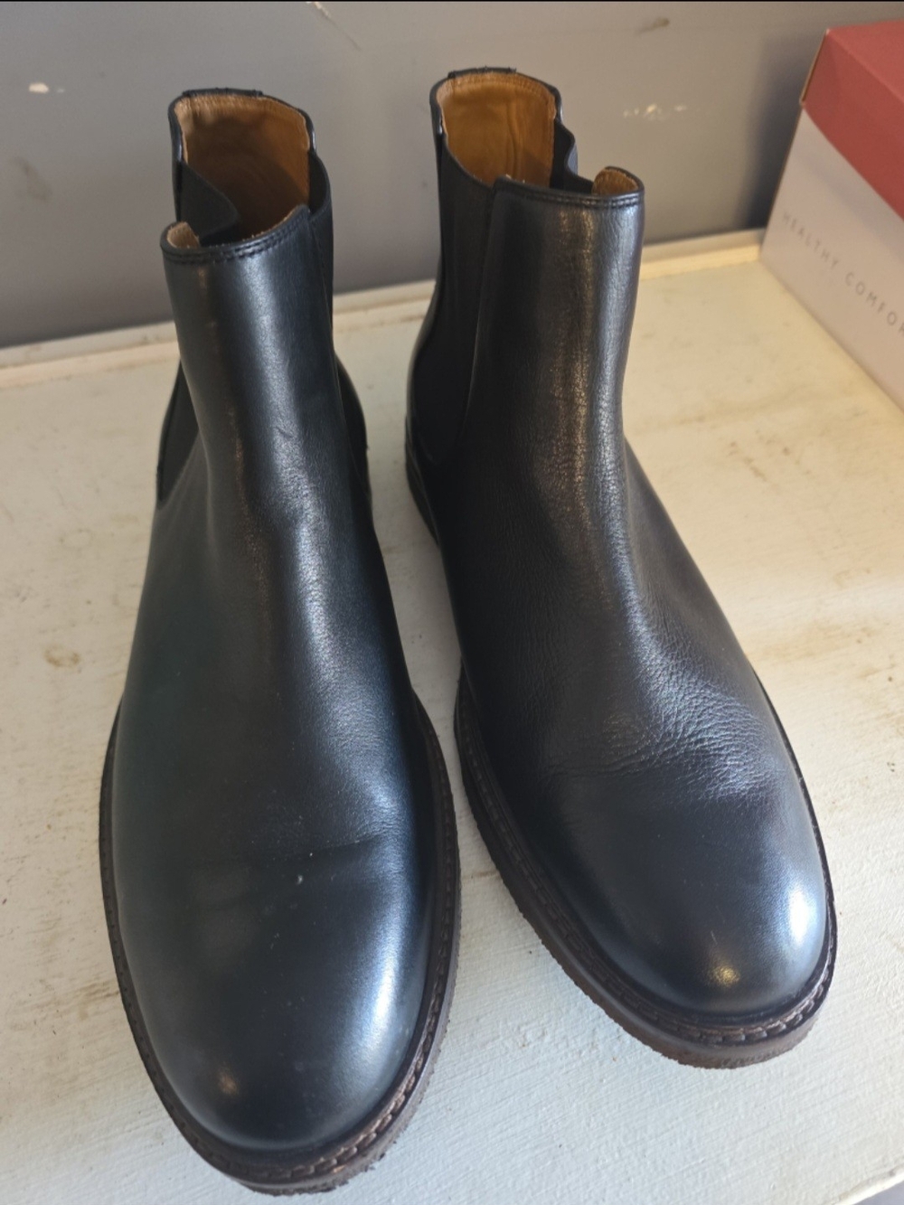 Johnston & Murphy Black Leather Chelsea Boots with Brown Welt